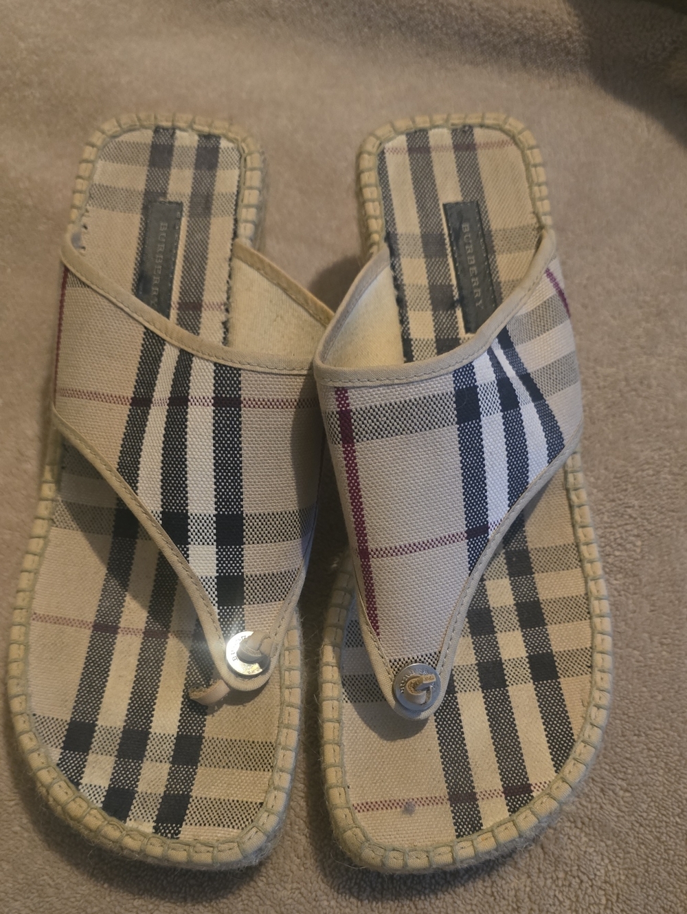 Burberry Plaid Thong Sandals in Beige with Black & Red Accents